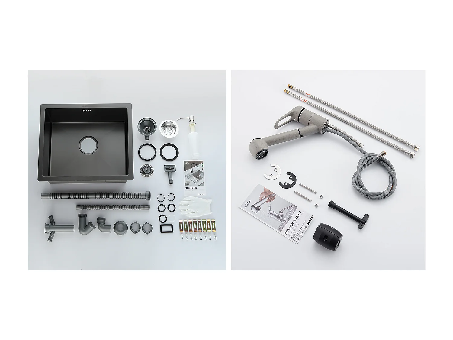 Schwarze Spüle 1 Becken 50x43x18,5 cm, Edelstahl, mit Seifenspender + Küchenarmatur mit ausziehbarer Brause 2 Düsen, Kalt-/Warmwasser, grau