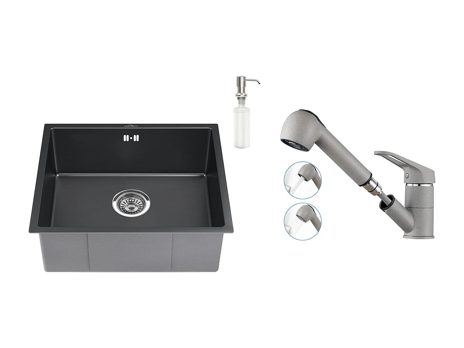 Évier Noir 1 Bac 50x43x18,5CM,Acier Inoxydable,avec Distrubuteur Savon+Robinet Cuisine avec Douchette Extractible 2 Jets,EauFroide/Chaude,Gris