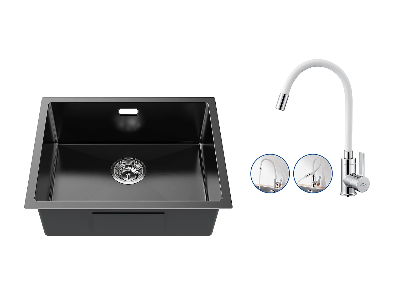 2 in1 Aanrecht 1 Bak 55*44*19CM, Inbouw/Bloem/Ondergrond, Zwart+Flexibele Keukenkraan Hoge Uitsteek Vrij Draaibaar, Wit