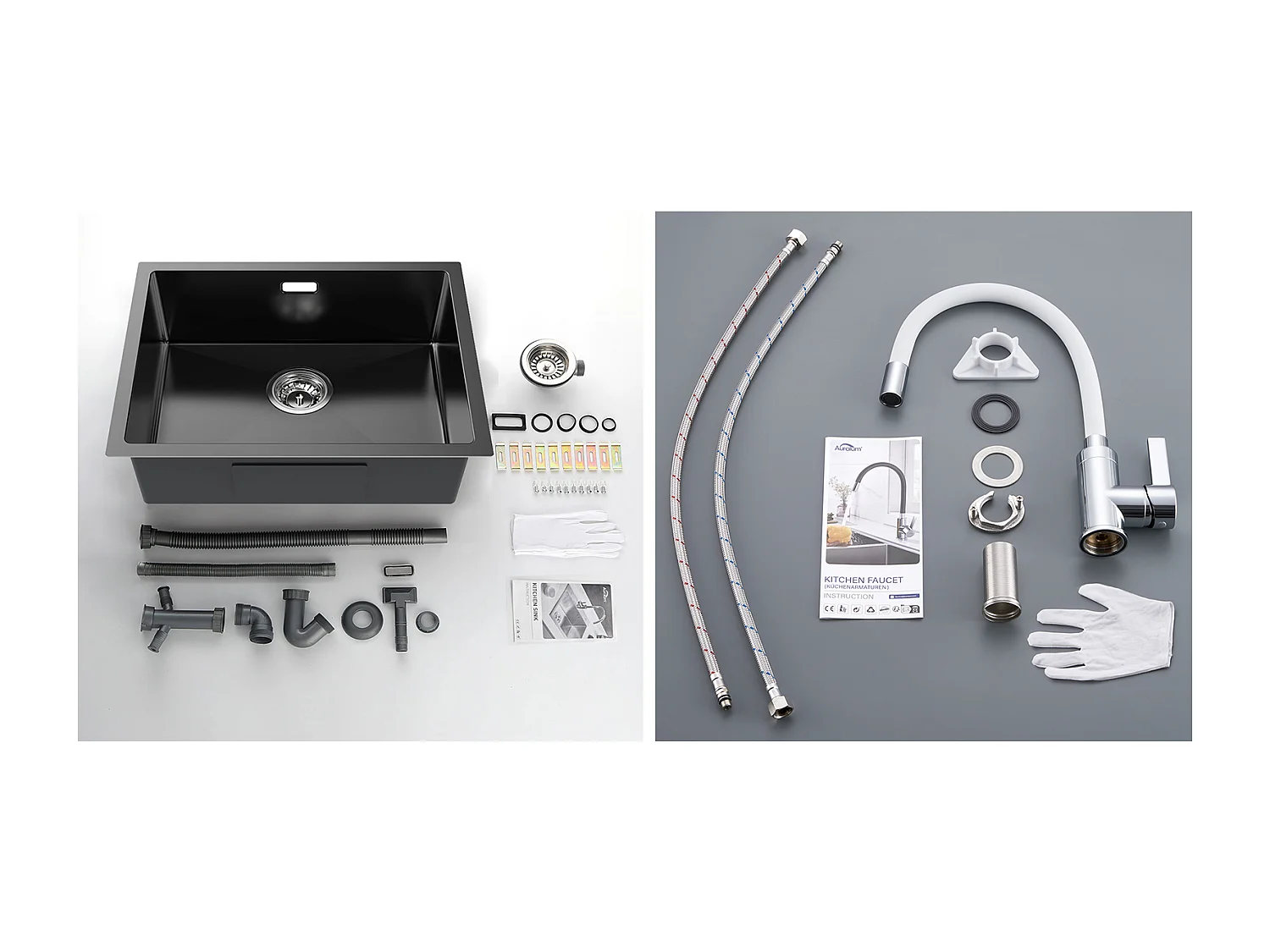 2 in1 Aanrecht 1 Bak 55*44*19CM, Inbouw/Bloem/Ondergrond, Zwart+Flexibele Keukenkraan Hoge Uitsteek Vrij Draaibaar, Wit