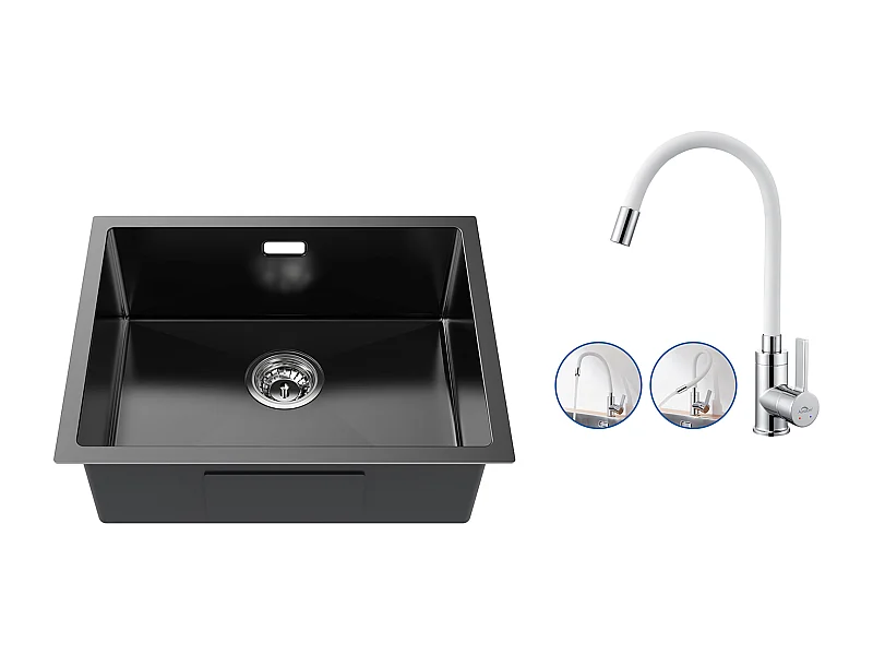 2 in1 Aanrecht 1 Bak 55*44*19CM, Inbouw/Bloem/Ondergrond, Zwart+Flexibele Keukenkraan Hoge Uitsteek Vrij Draaibaar, Wit