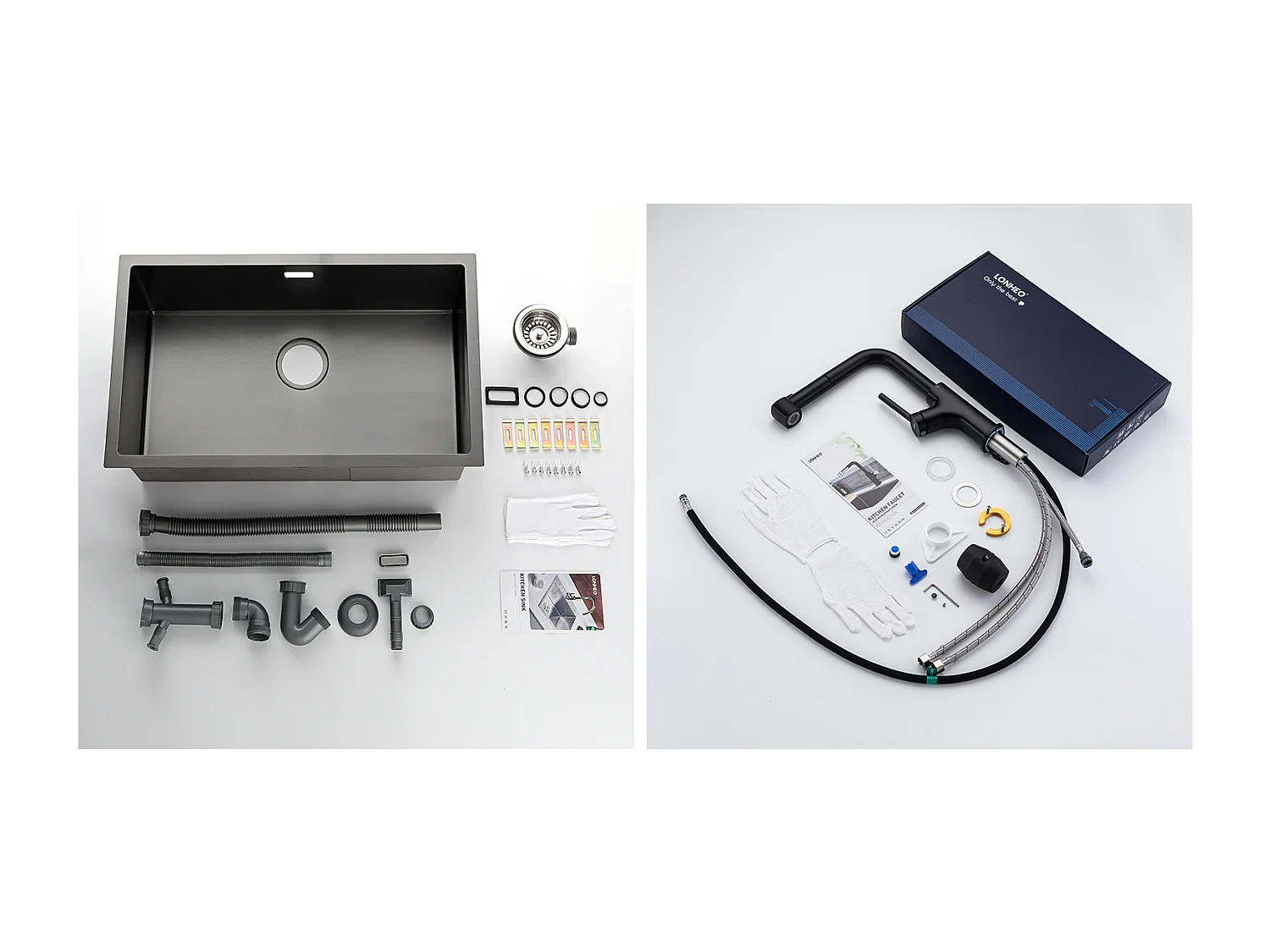 Aanrecht 1 bak 74*44*20CM, in geborsteld roestvrij staal met sifon en overloop + zwarte keukenkraan met uittrekbare handdouche