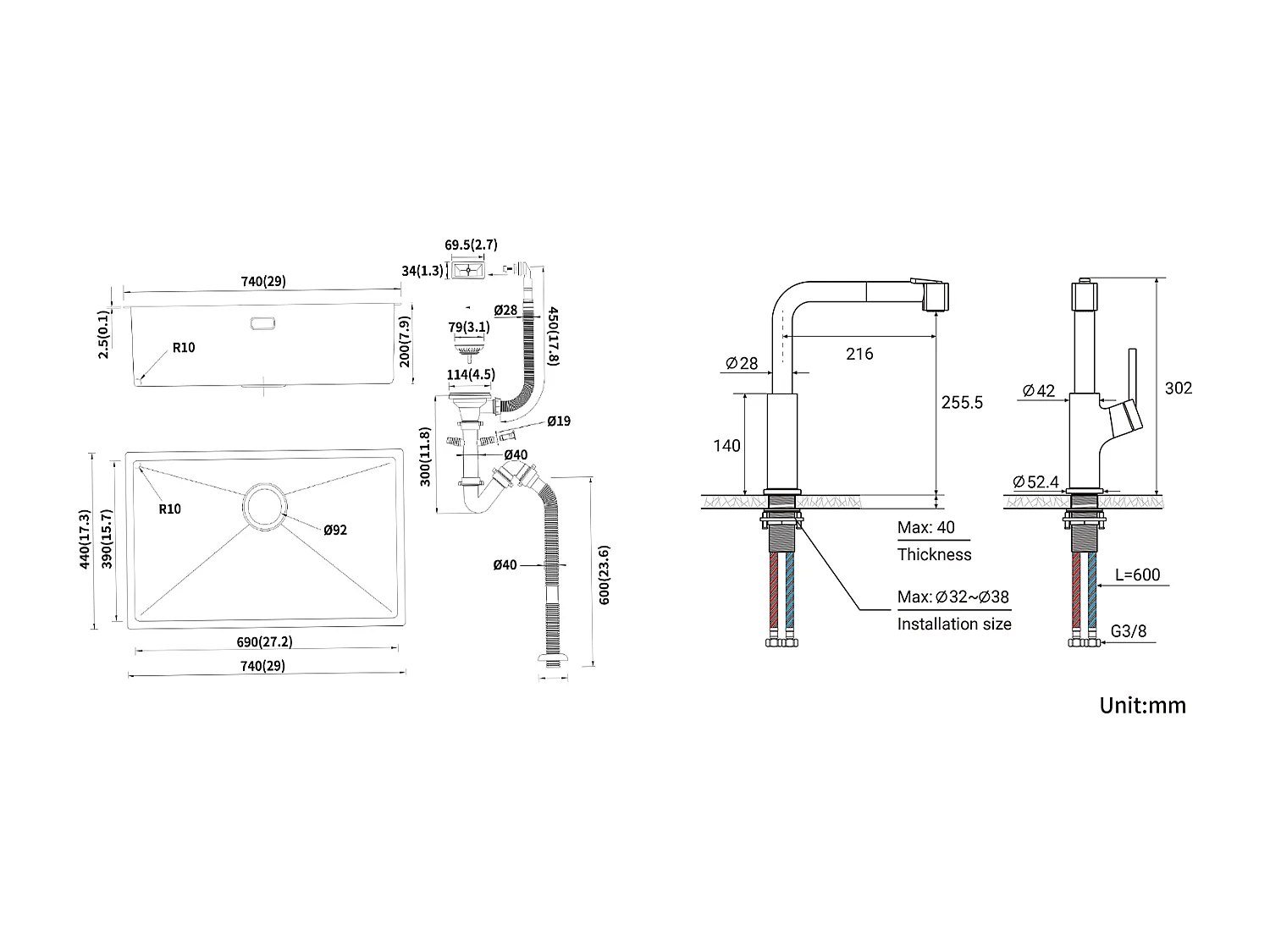 Fregadero Cocina 1 Bandeja 74*44*20CM, de Acero Inoxidable Cepillado con Sifón y Demasiado Lleno + Grifo de Cocina Negro con Ducha Extraíble