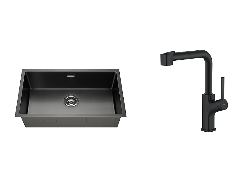 Évier Cuisine 1 Bac 74*44*20CM,en Inox Brossé avec Siphon et Trop-Plein +Robinet de Cuisine Noir avec Douchette Extractible