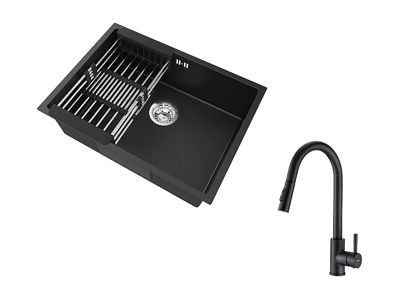 Becken Küchenspüle 60*44*20CM, Edelstahl, Einbau/Unterbau mit Abtropfkorb, Grau-Schwarz + Küchenarmatur mit Sprühkopf, Ausziehbare Spültisch-Mischbatterie