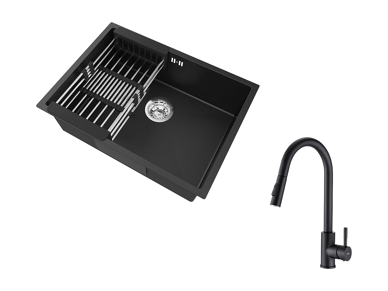 Becken Küchenspüle 60*44*20CM, Edelstahl, Einbau/Unterbau mit Abtropfkorb, Grau-Schwarz + Küchenarmatur mit Sprühkopf, Ausziehbare Spültisch-Mischbatterie