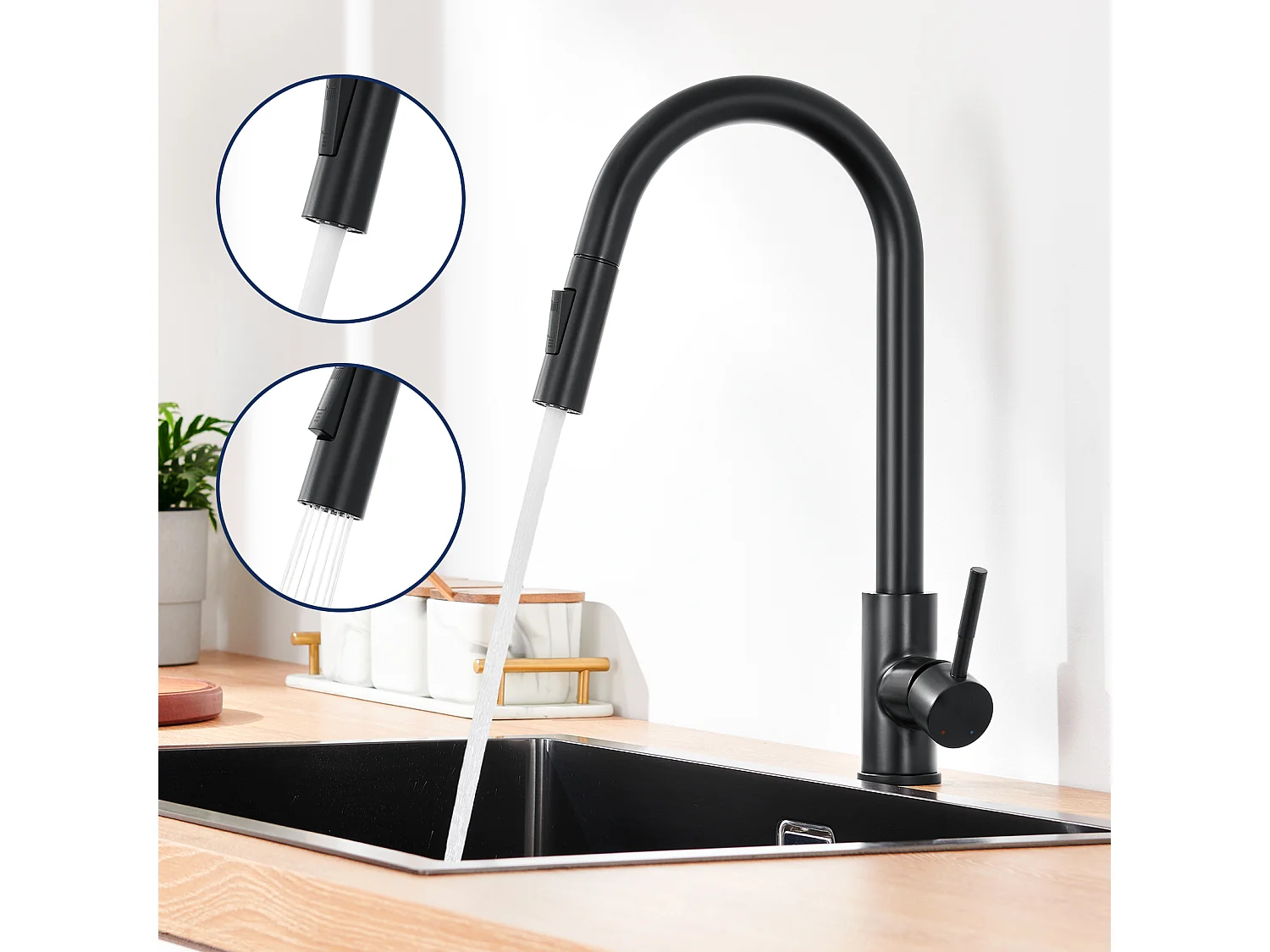 Becken Küchenspüle 60*44*20CM, Edelstahl, Einbau/Unterbau mit Abtropfkorb, Grau-Schwarz + Küchenarmatur mit Sprühkopf, Ausziehbare Spültisch-Mischbatterie