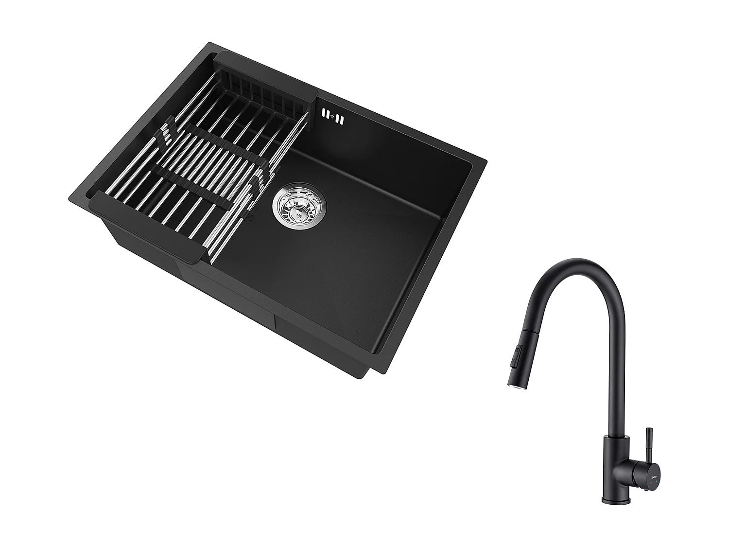 Aanrecht Keuken 1 Bak 60*44*20CM, roestvrij, inbouw/ondergrondMet Afvoermand,Grijs-Zwart+Keukenkraan met Handdouche,EVIER Uittrekbare Mengkraan