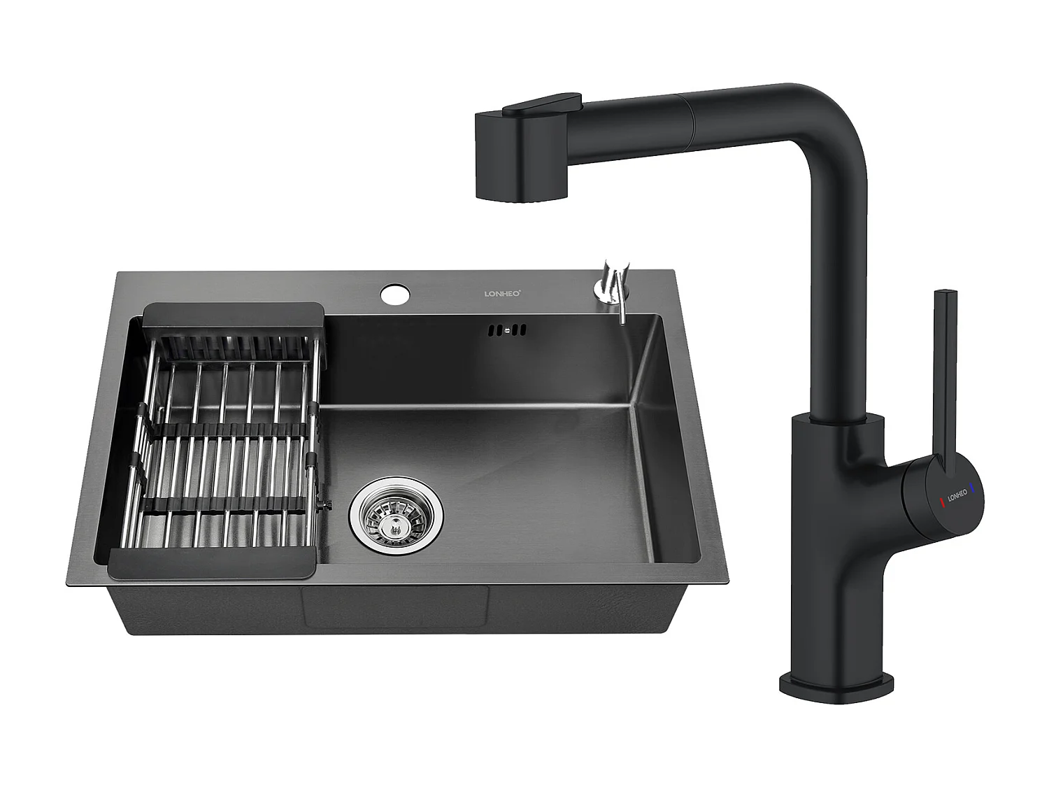 2-in-1-Küchenspüle, schwarz, 68 x 45 x 19 cm, mit Seifenspender und Abtropfkorb + ausziehbarer Küchenarmatur aus schwarzem Edelstahl, 360 Grad drehbar