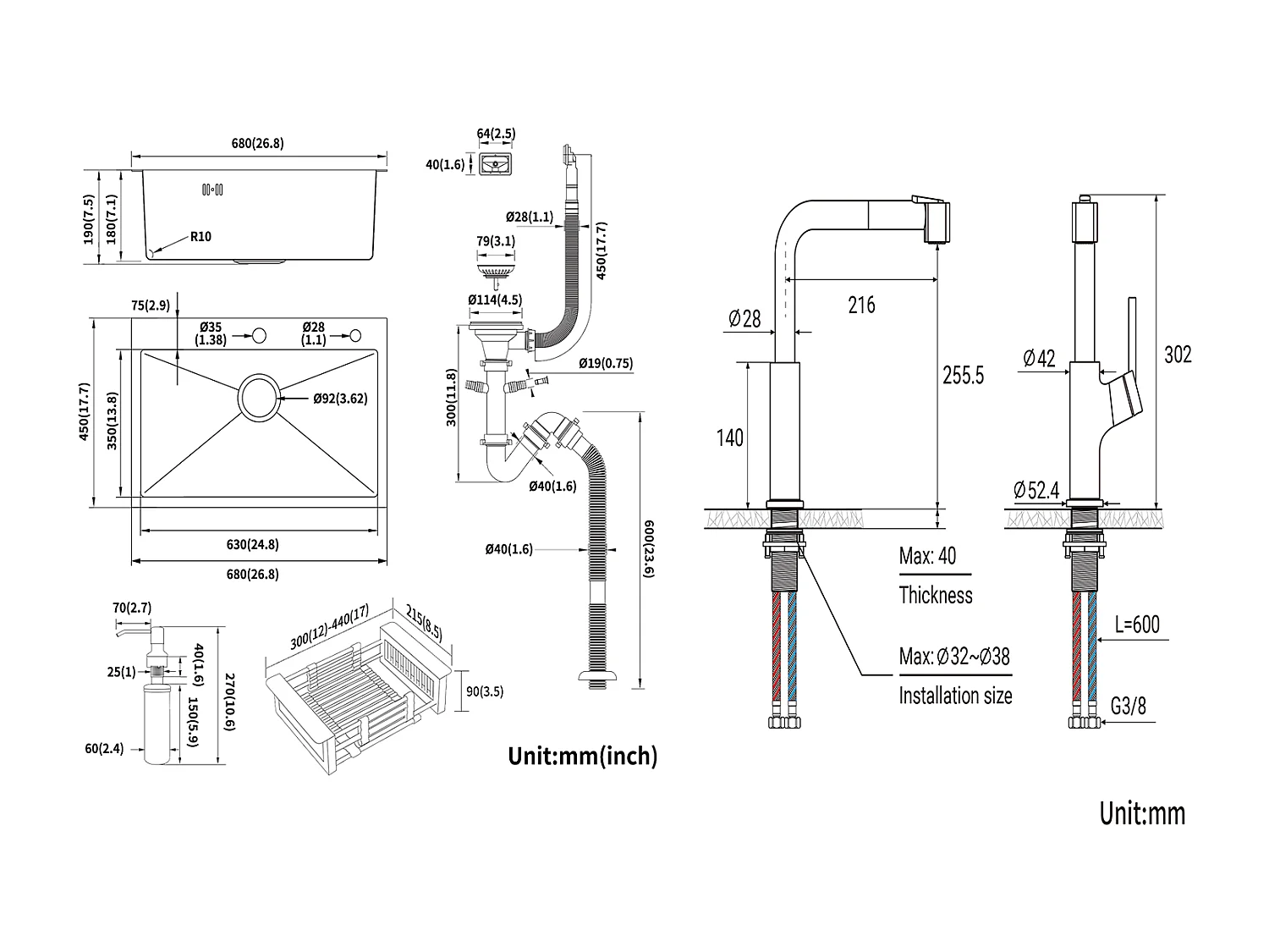 2-in-1-Küchenspüle, schwarz, 68 x 45 x 19 cm, mit Seifenspender und Abtropfkorb + ausziehbarer Küchenarmatur aus schwarzem Edelstahl, 360 Grad drehbar