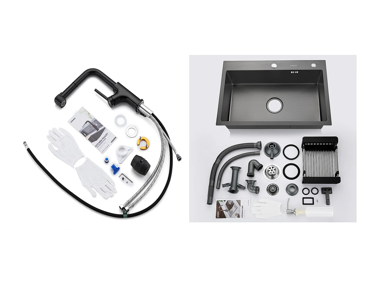2 en 1 Évier de Cuisine Noir 68x45x19CM avec Distrubuteur de savon et Égouttoir panier + Robinet de Cuisine Noir Inox Extractible Rotatif à 360