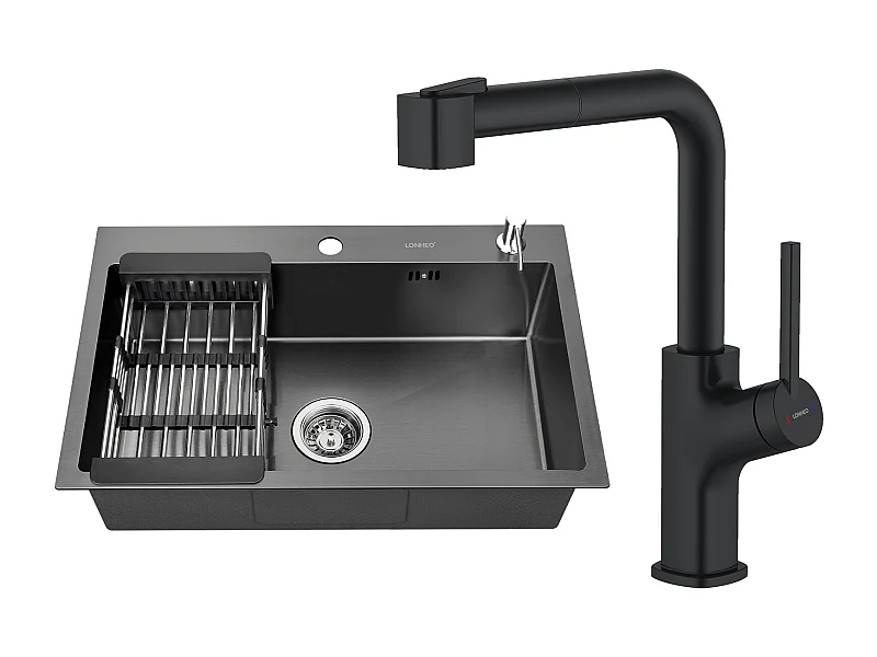 2 en 1 Évier de Cuisine Noir 68x45x19CM avec Distrubuteur de savon et Égouttoir panier + Robinet de Cuisine Noir Inox Extractible Rotatif à 360