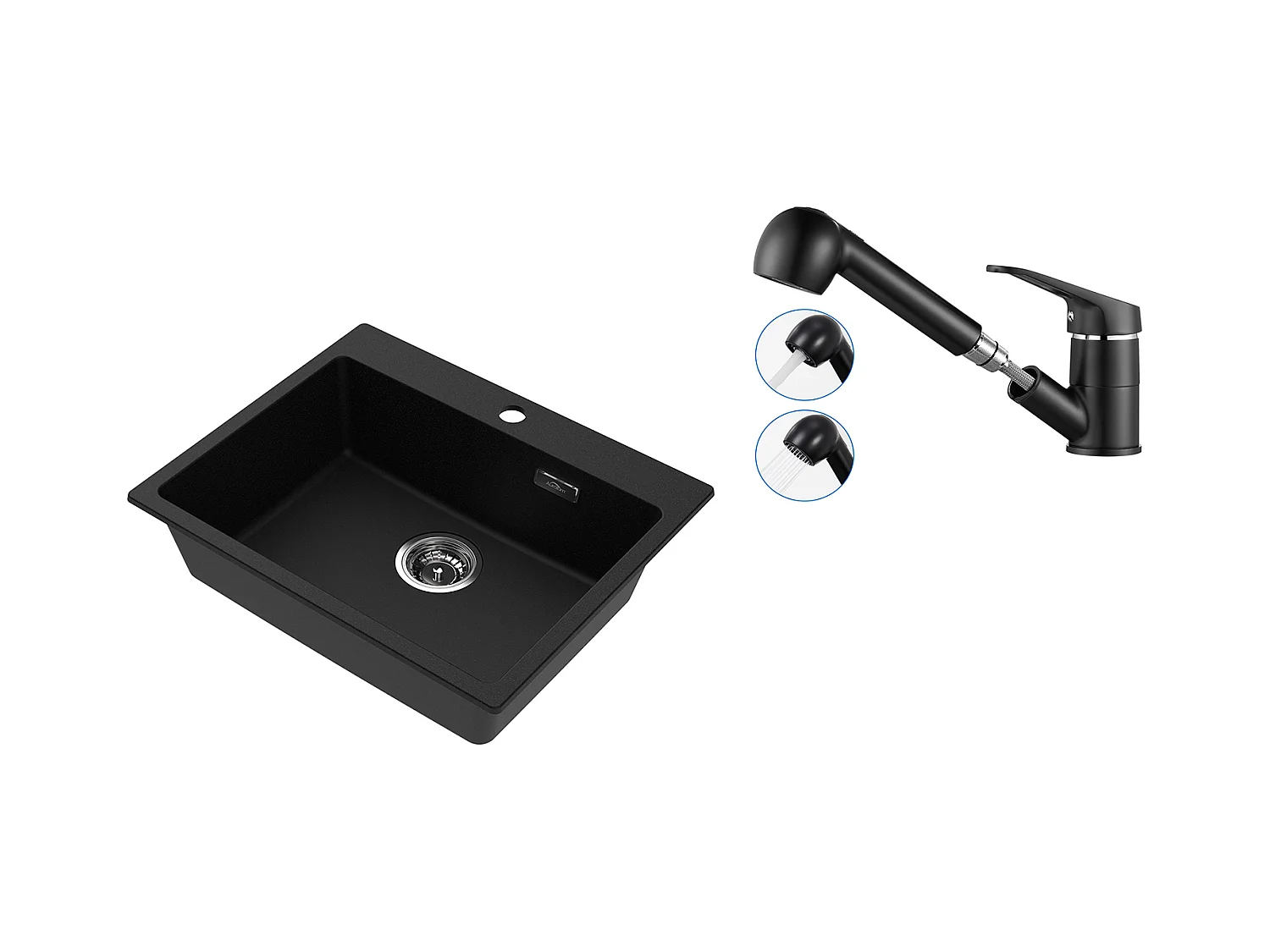1 Bac Évier Cuisine en Granit,55*45*20cm,Kit de Vidage,Noir+Robinet de Cuisine Noir avec Douchette Extractible 2 Jets à 360° en Laiton
