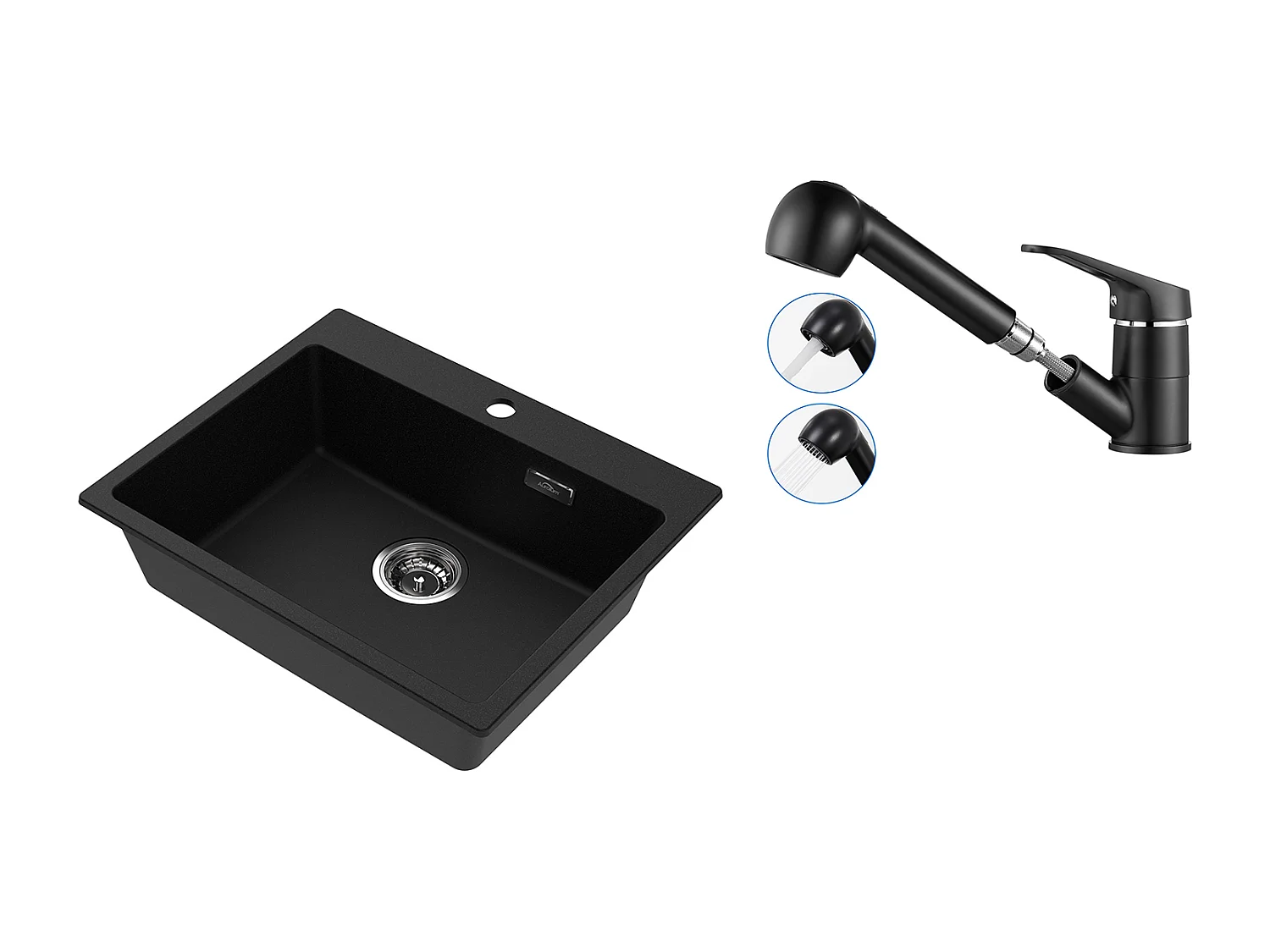 1 Bac Évier Cuisine en Granit,55*45*20cm,Kit de Vidage,Noir+Robinet de Cuisine Noir avec Douchette Extractible 2 Jets à 360° en Laiton