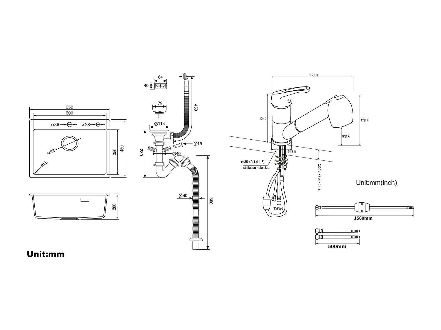 1 Bac Évier Cuisine en Granit,55*45*20cm,Kit de Vidage,Noir+Robinet de Cuisine Noir avec Douchette Extractible 2 Jets à 360° en Laiton