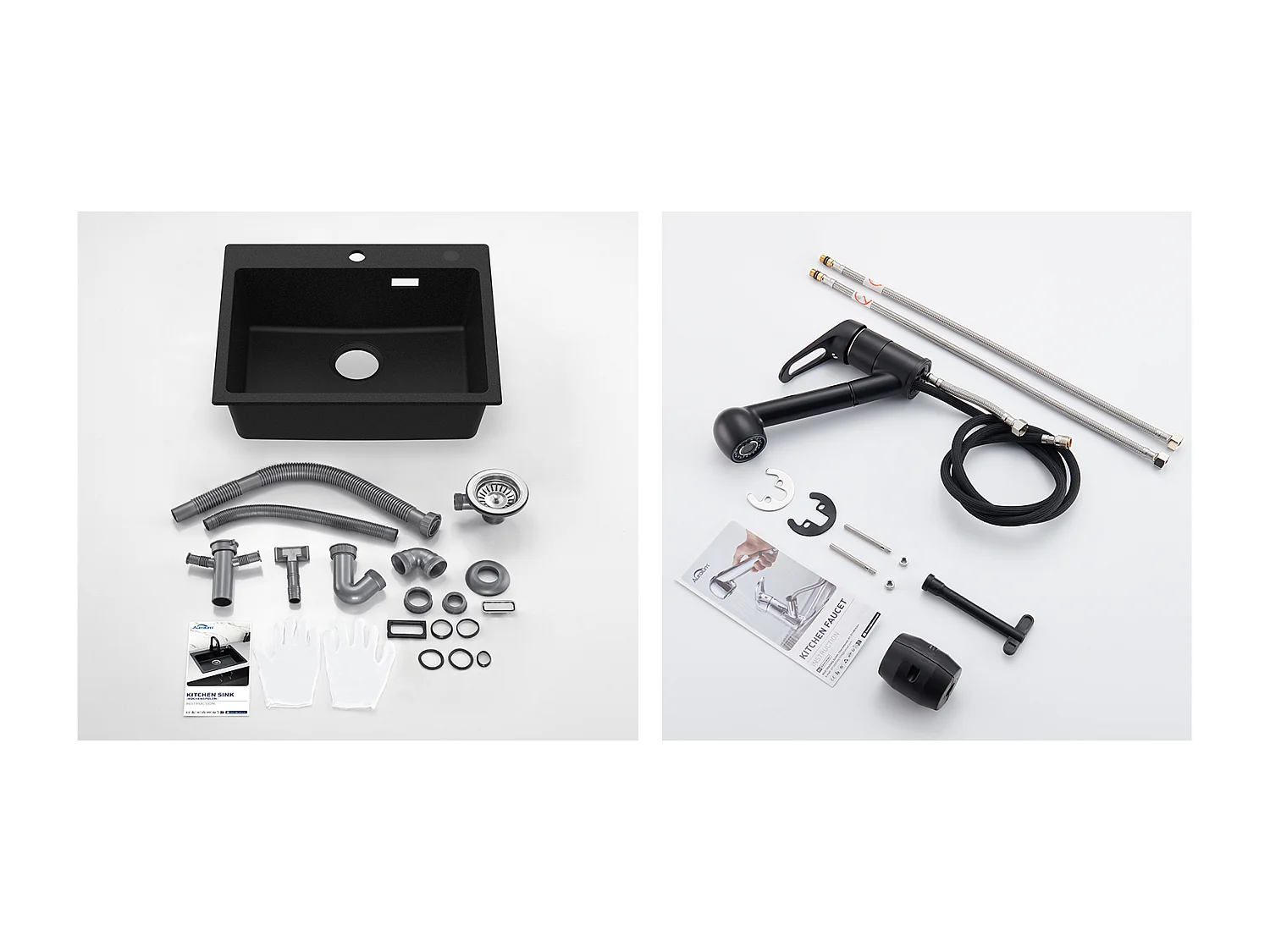 1 Bac Évier Cuisine en Granit,55*45*20cm,Kit de Vidage,Noir+Robinet de Cuisine Noir avec Douchette Extractible 2 Jets à 360° en Laiton