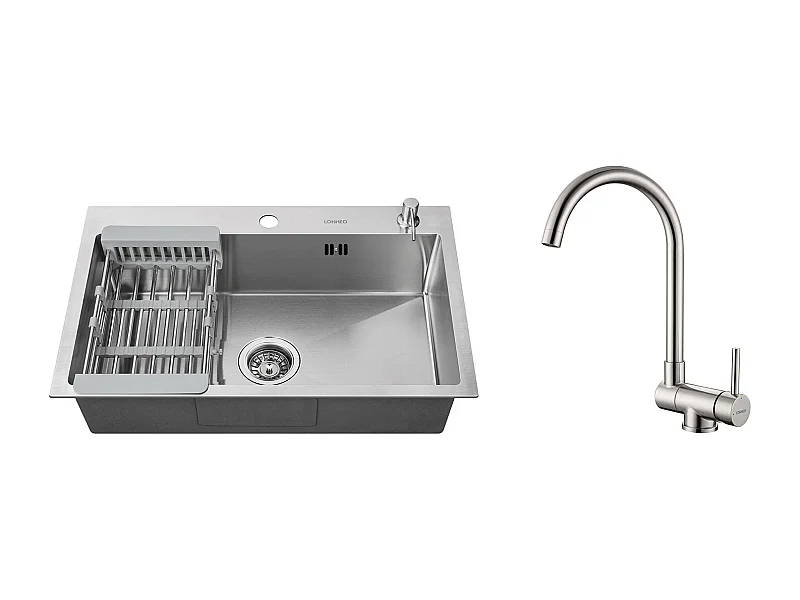 2 en1 Fregadero Cocina Cepillado 68x45x19CM con Distrusor Jabón/Escurridor Cesta+Mezclador Cocina de Acero Inoxidable 304 Plegable Girante 360°