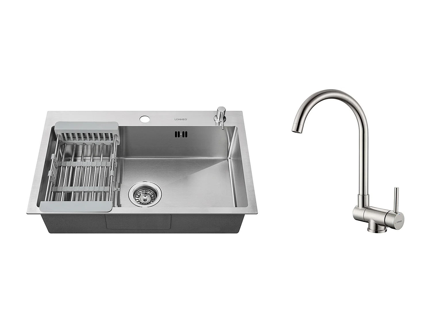 2 en1 Évier Cuisine Brossé 68x45x19CM avec Distrubuteur savon/ Égouttoir panier+Mitigeur Cuisine en Acier Inox 304 Rabattable Pivotant à 360°