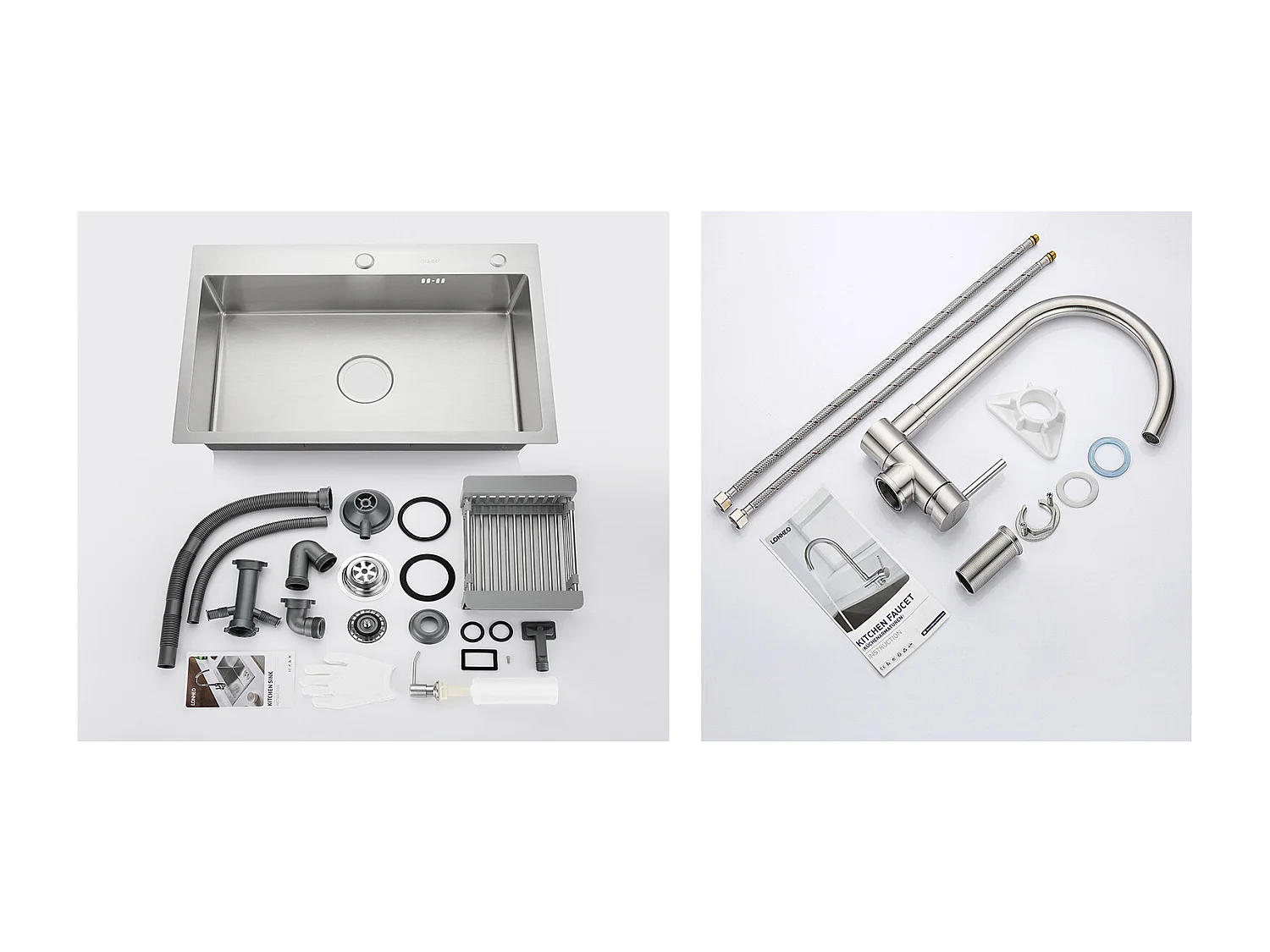 2 en1 Évier Cuisine Brossé 68x45x19CM avec Distrubuteur savon/ Égouttoir panier+Mitigeur Cuisine en Acier Inox 304 Rabattable Pivotant à 360°