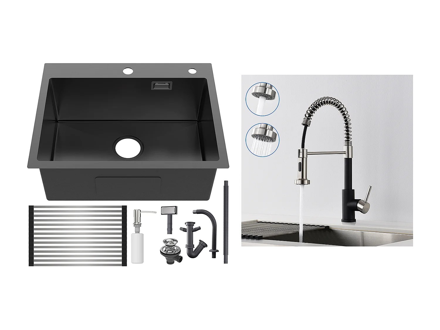 Évier Cuisine1Bac 58*45*18CM,avec Egouttoir évier Enroulable/Distributeur Savon+Robinet Cuisine Ressort avec Douchette Extensible,2 Modes,Noir