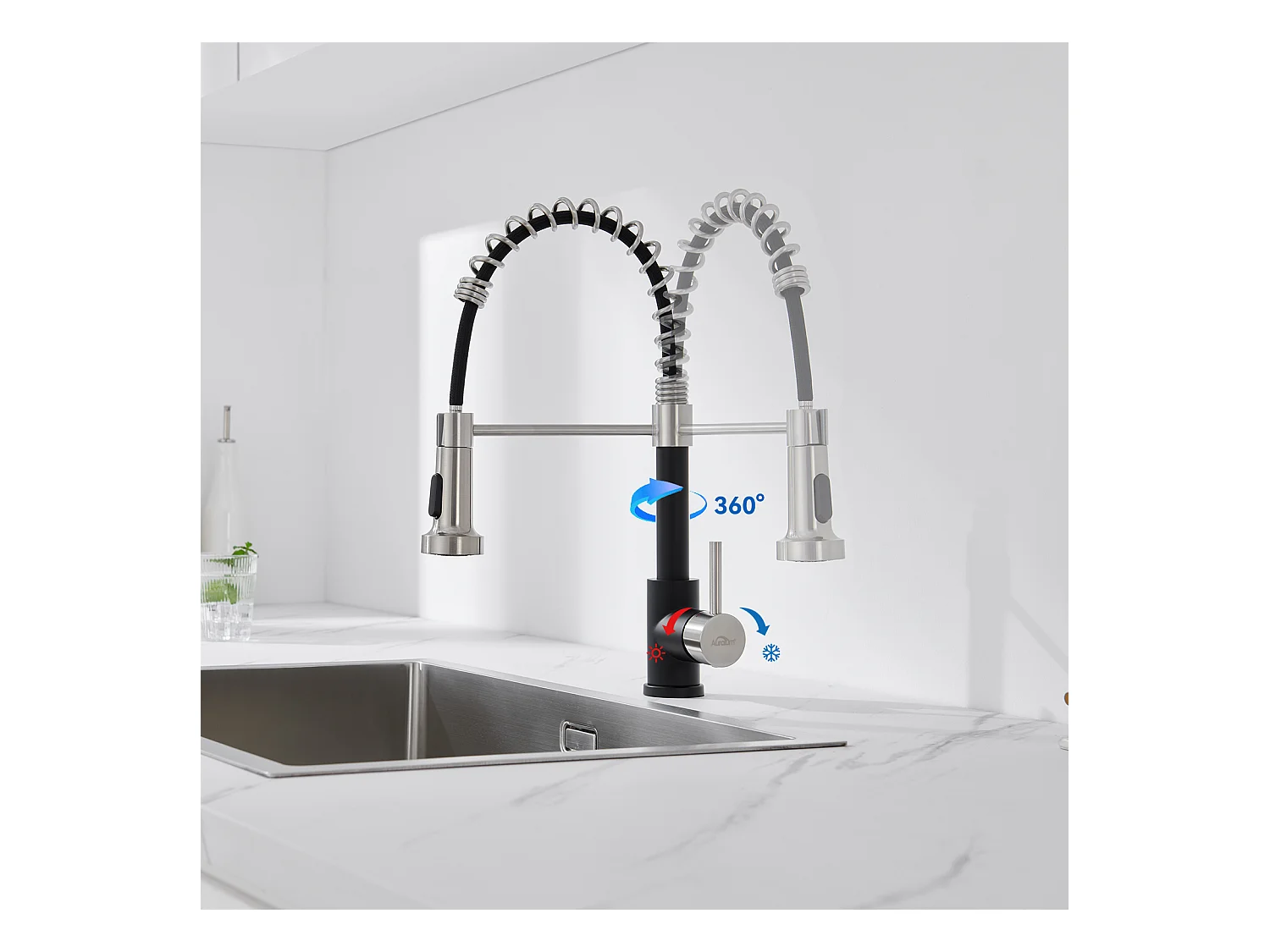 Évier Cuisine1Bac 58*45*18CM,avec Egouttoir évier Enroulable/Distributeur Savon+Robinet Cuisine Ressort avec Douchette Extensible,2 Modes,Noir