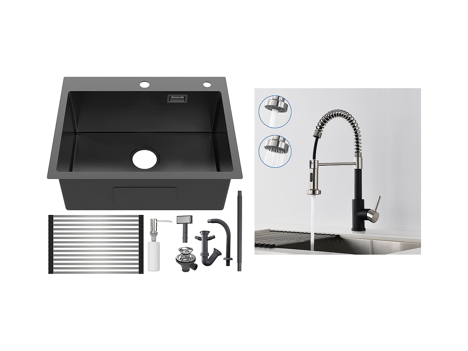 Évier Cuisine1Bac 58*45*18CM,avec Egouttoir évier Enroulable/Distributeur Savon+Robinet Cuisine Ressort avec Douchette Extensible,2 Modes,Noir