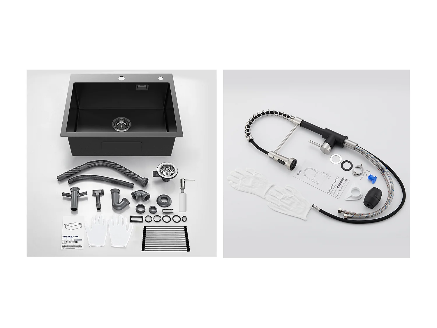 Évier Cuisine1Bac 58*45*18CM,avec Egouttoir évier Enroulable/Distributeur Savon+Robinet Cuisine Ressort avec Douchette Extensible,2 Modes,Noir
