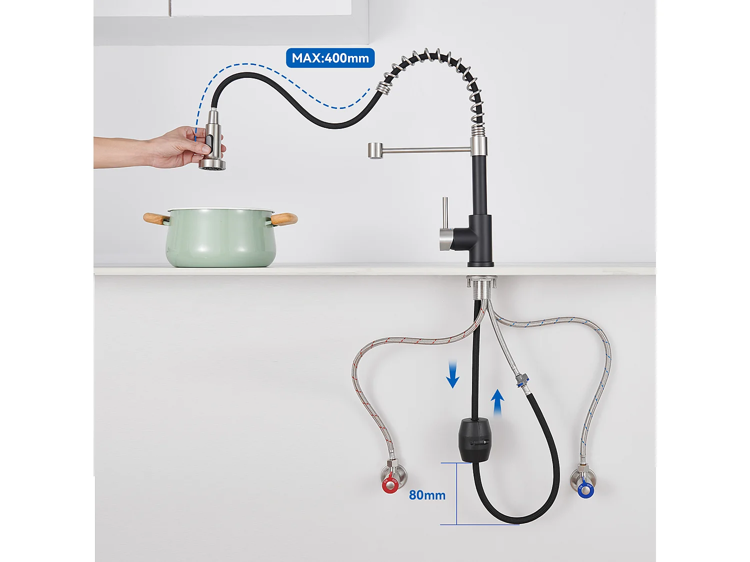 Évier Cuisine1Bac 58*45*18CM,avec Egouttoir évier Enroulable/Distributeur Savon+Robinet Cuisine Ressort avec Douchette Extensible,2 Modes,Noir