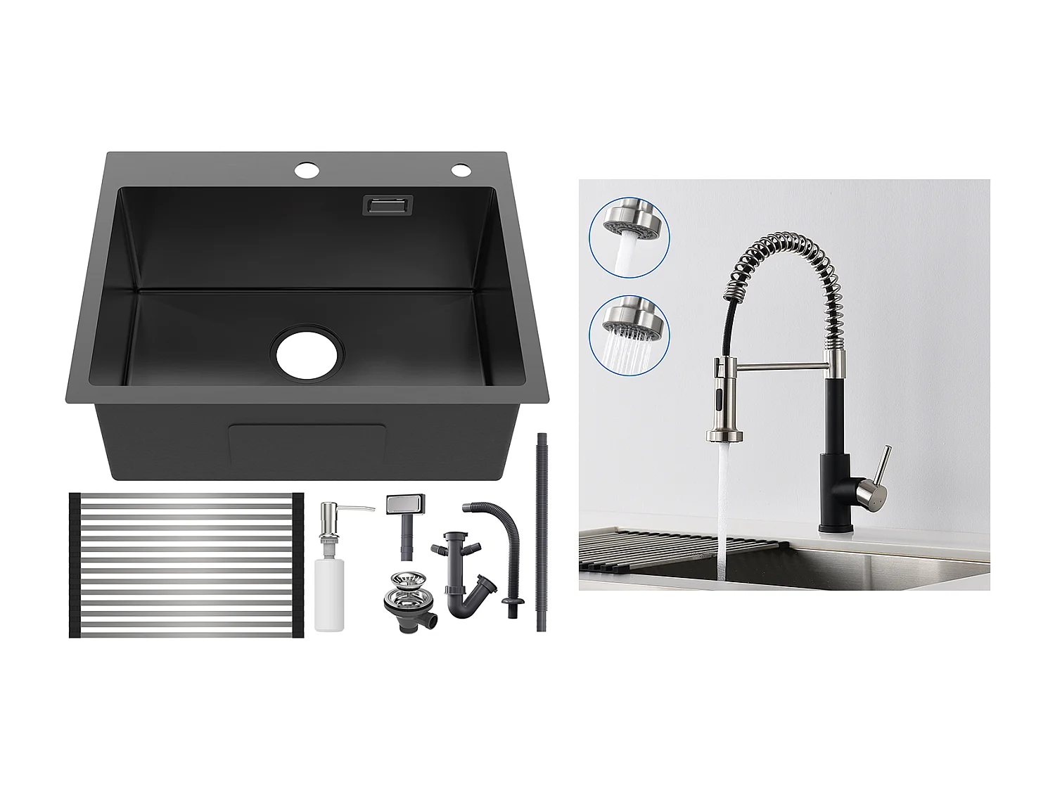 Évier Cuisine1Bac 58*45*18CM,avec Egouttoir évier Enroulable/Distributeur Savon+Robinet Cuisine Ressort avec Douchette Extensible,2 Modes,Noir