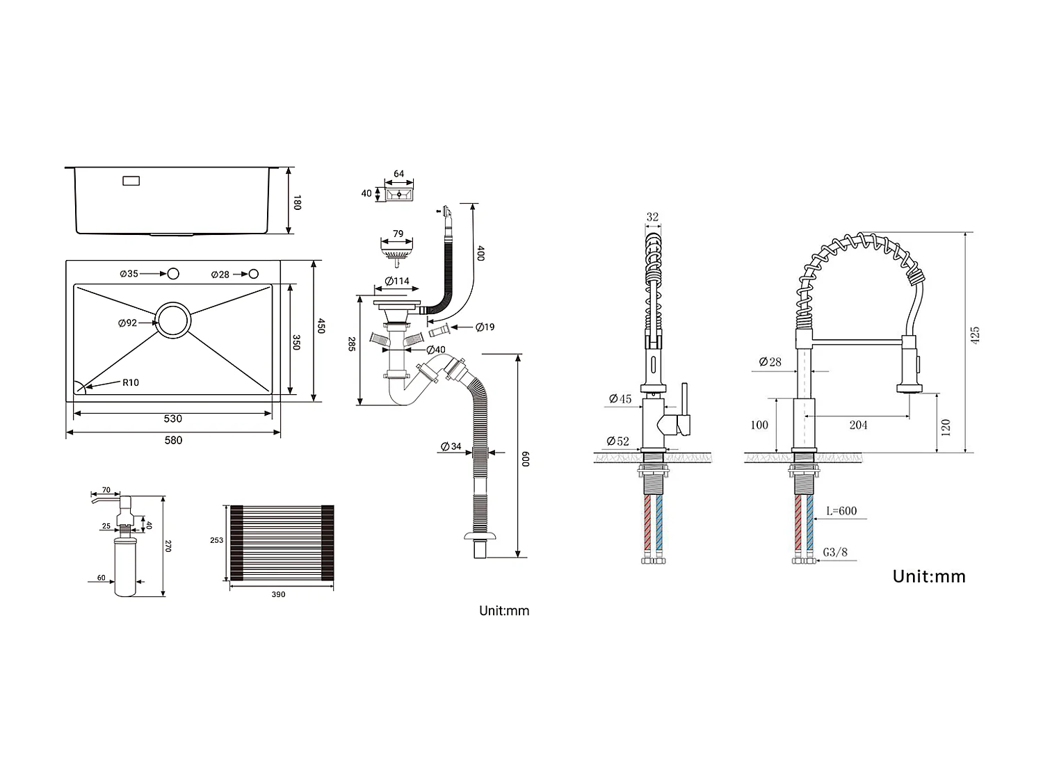 Évier Cuisine1Bac 58*45*18CM,avec Egouttoir évier Enroulable/Distributeur Savon+Robinet Cuisine Ressort avec Douchette Extensible,2 Modes,Noir