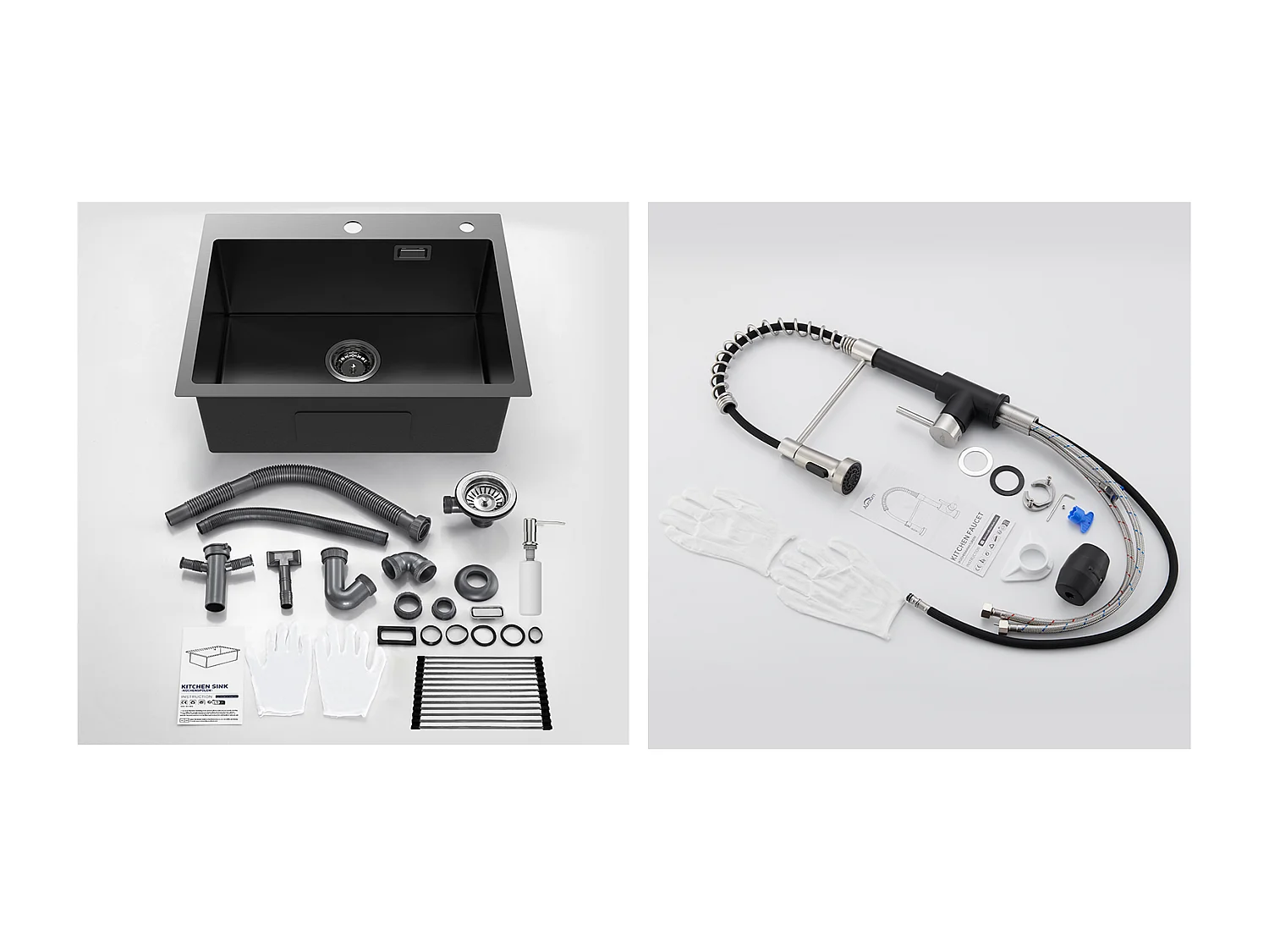 Évier Cuisine1Bac 58*45*18CM,avec Egouttoir évier Enroulable/Distributeur Savon+Robinet Cuisine Ressort avec Douchette Extensible,2 Modes,Noir