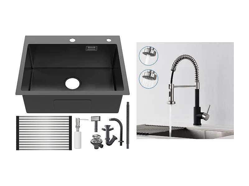 Évier Cuisine1Bac 58*45*18CM,avec Egouttoir évier Enroulable/Distributeur Savon+Robinet Cuisine Ressort avec Douchette Extensible,2 Modes,Noir