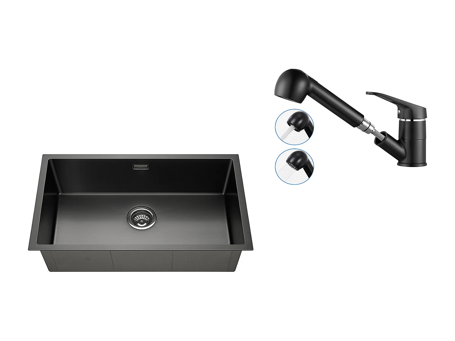 Évier Cuisine 1 Bac 74*44*20CM, Inox Brossé avec Siphon et Trop-Plein+Robinet Cuisine Noir avec Douchette Extractible 2 Jets à 360° en Laiton