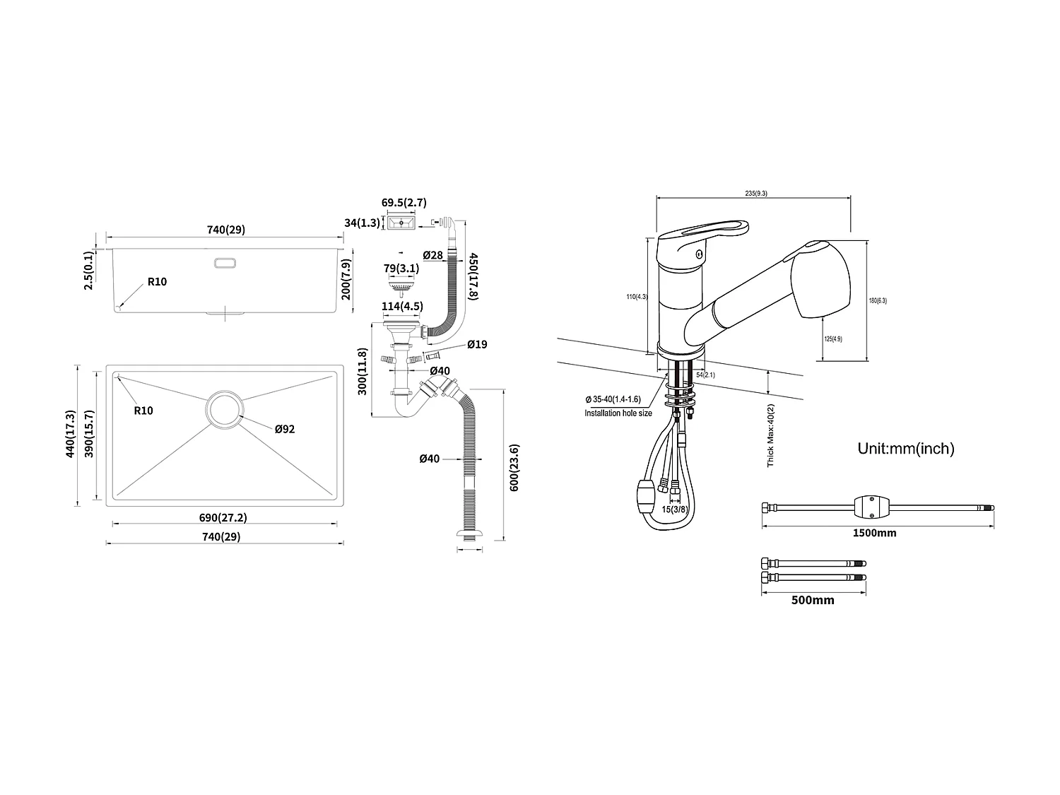 Évier Cuisine 1 Bac 74*44*20CM, Inox Brossé avec Siphon et Trop-Plein+Robinet Cuisine Noir avec Douchette Extractible 2 Jets à 360° en Laiton
