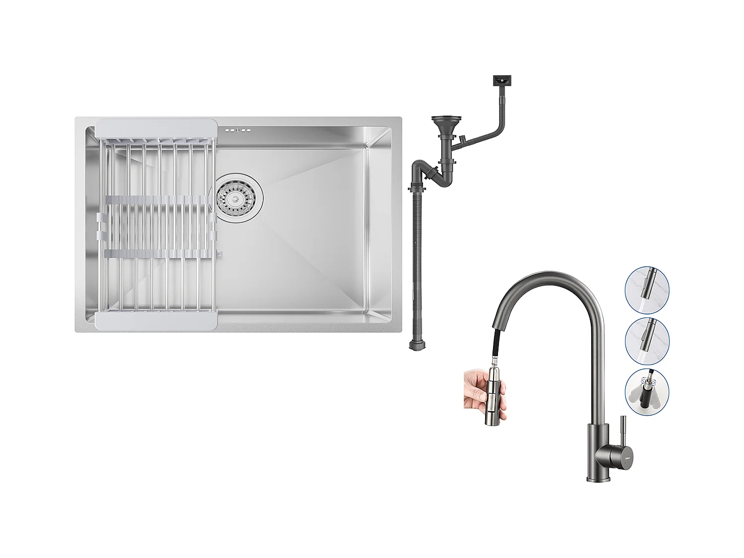Évier Cuisine 1 Bac 60*44*20CM,inox 304,à Encastrer/sous-plan avec Panier Drainage,Nano Silver+Mitigeur Cuisine avec Douchette Extractible GrisFoncé