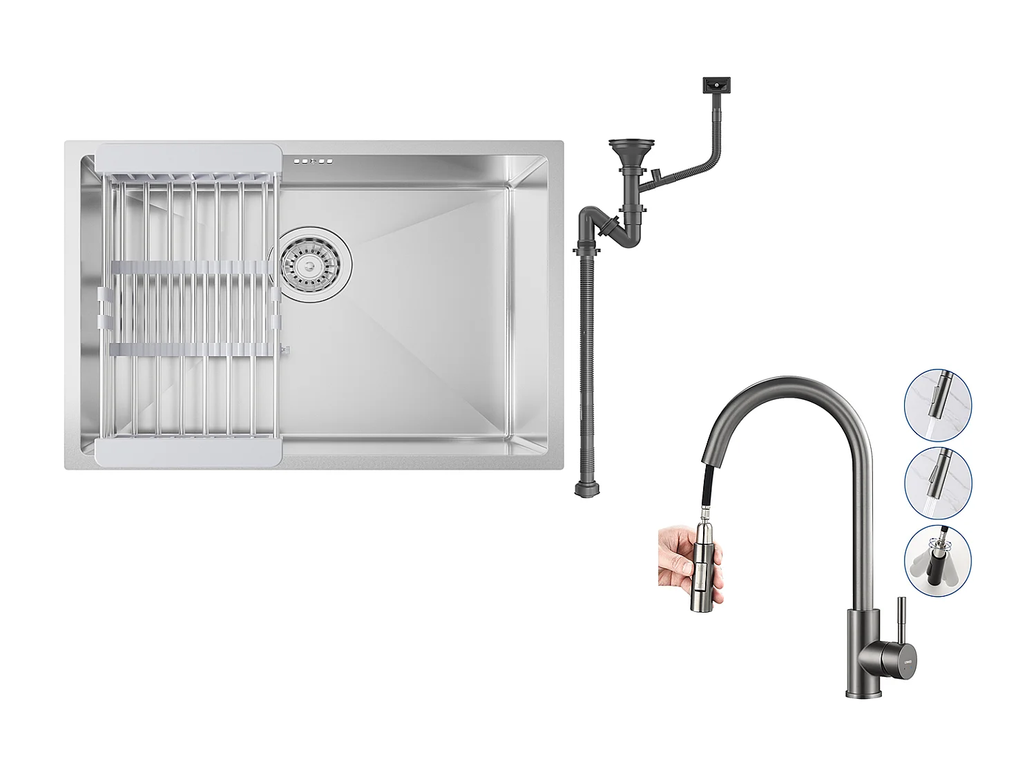 Évier Cuisine 1 Bac 60*44*20CM,inox 304,à Encastrer/sous-plan avec Panier Drainage,Nano Silver+Mitigeur Cuisine avec Douchette Extractible GrisFoncé