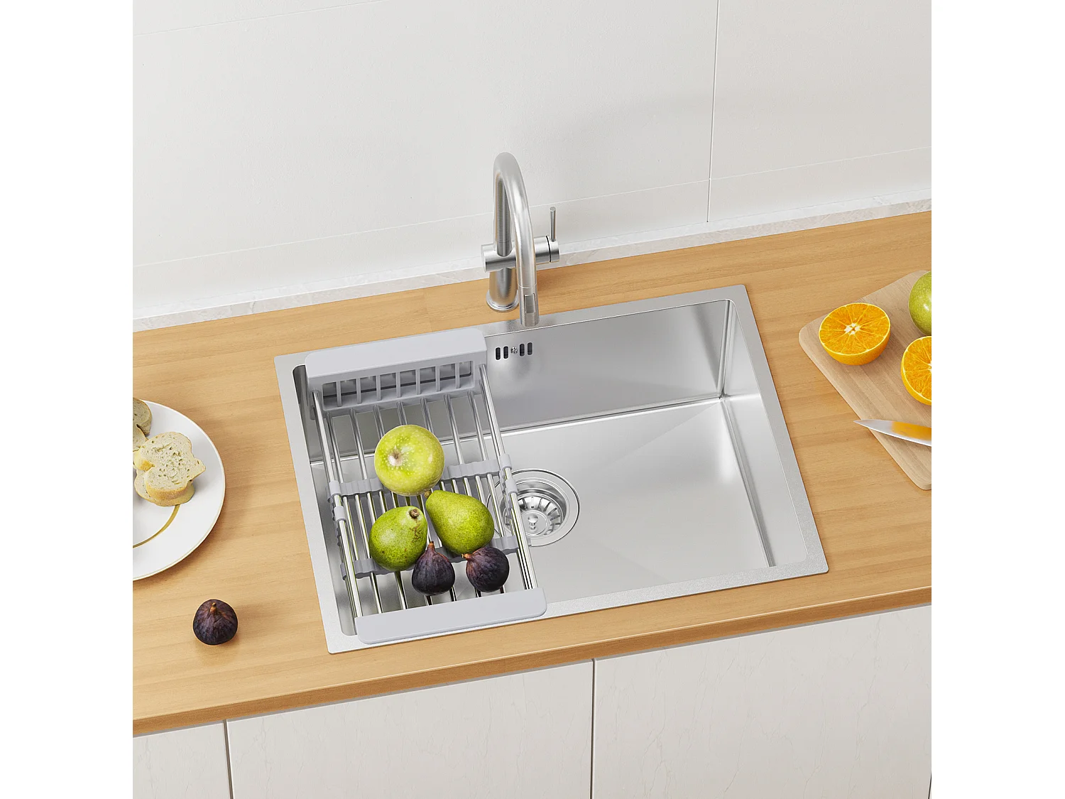 Évier Cuisine 1 Bac 60*44*20CM,inox 304,à Encastrer/sous-plan avec Panier Drainage,Nano Silver+Mitigeur Cuisine avec Douchette Extractible GrisFoncé