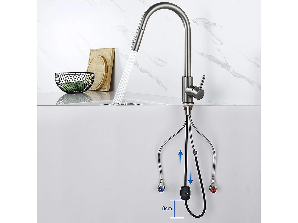 Évier Cuisine 1 Bac 60*44*20CM,inox 304,à Encastrer/sous-plan avec Panier Drainage,Nano Silver+Mitigeur Cuisine avec Douchette Extractible GrisFoncé