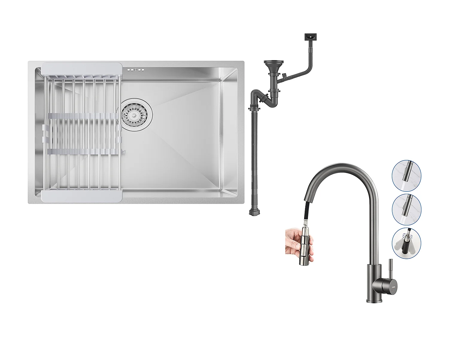 Évier Cuisine 1 Bac 60*44*20CM,inox 304,à Encastrer/sous-plan avec Panier Drainage,Nano Silver+Mitigeur Cuisine avec Douchette Extractible GrisFoncé