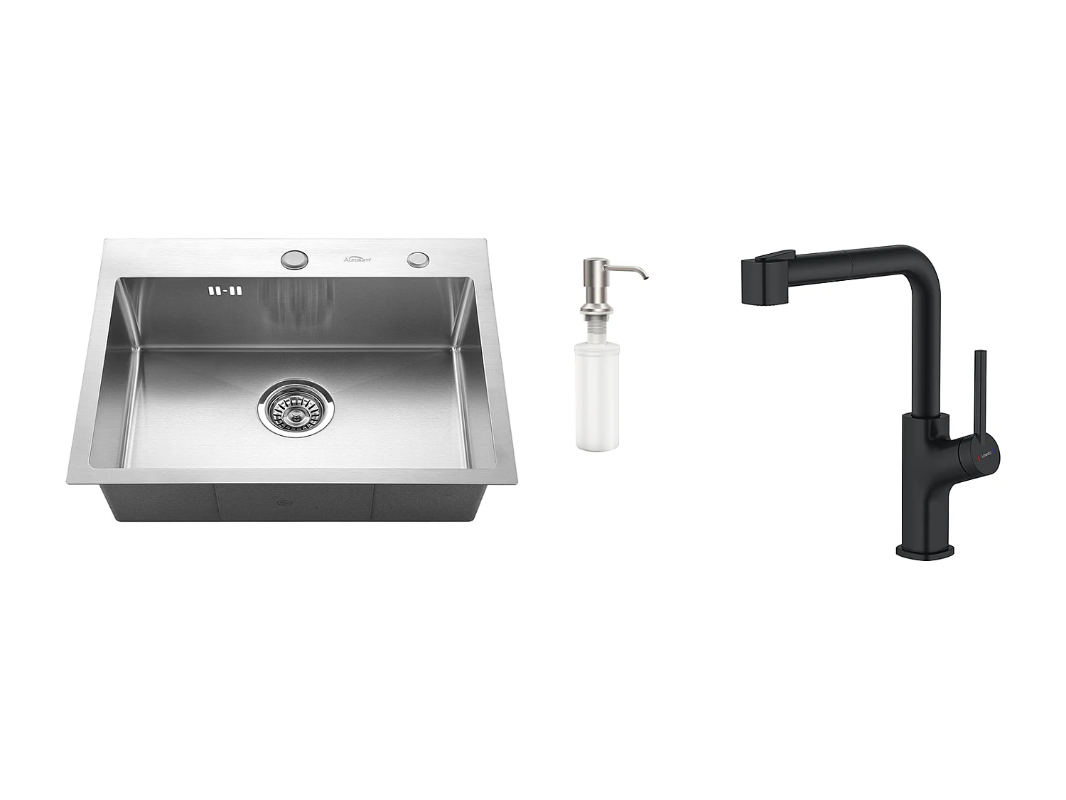 Aanrecht 1 Bak 55*45CM Inbouw- en Opbouwspoelbak met Zeepdispenser + Keukenkraan INox Uittrekbaar 360° Draaibaar