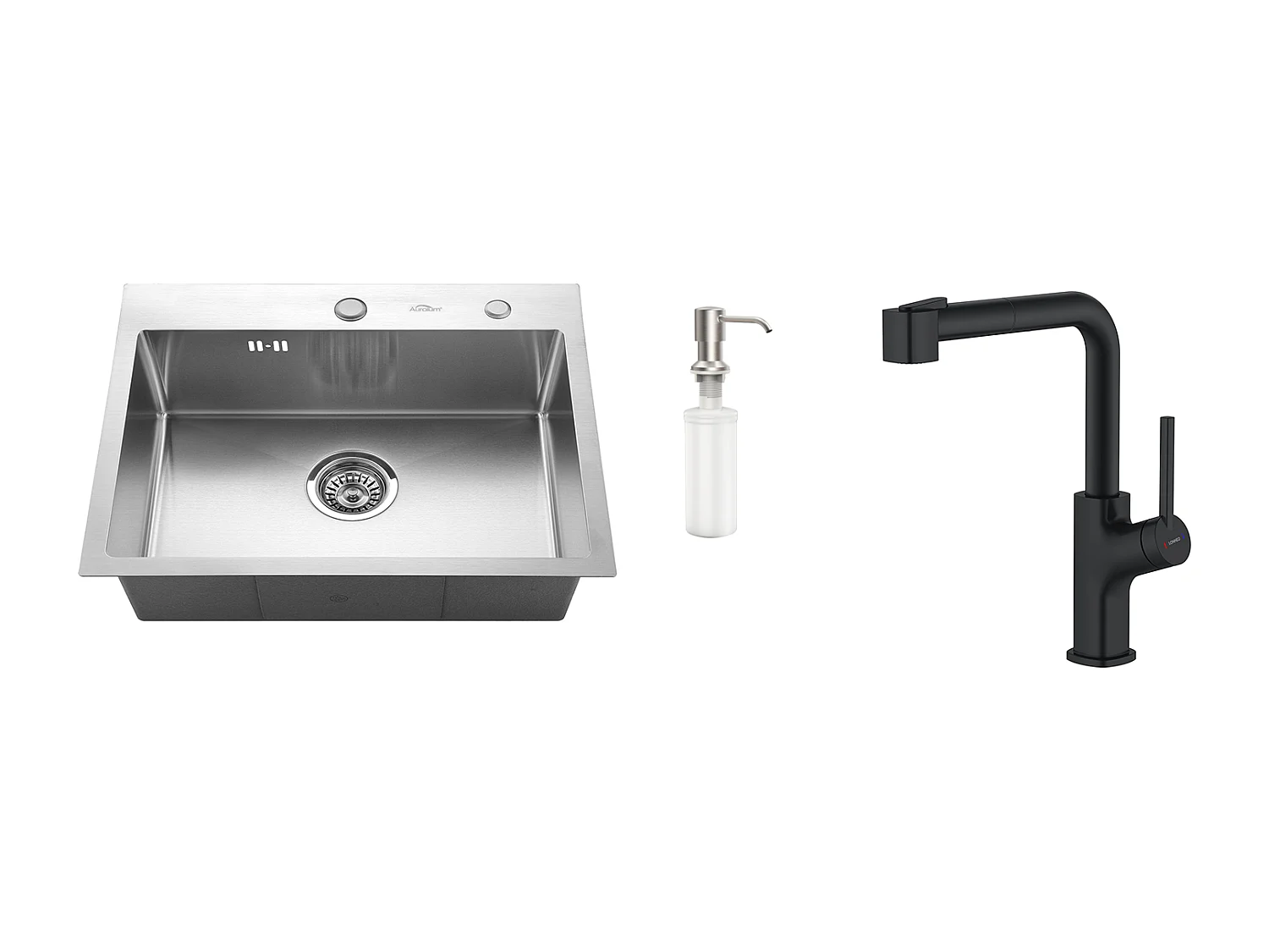 Aanrecht 1 Bak 55*45CM Inbouw- en Opbouwspoelbak met Zeepdispenser + Keukenkraan INox Uittrekbaar 360° Draaibaar