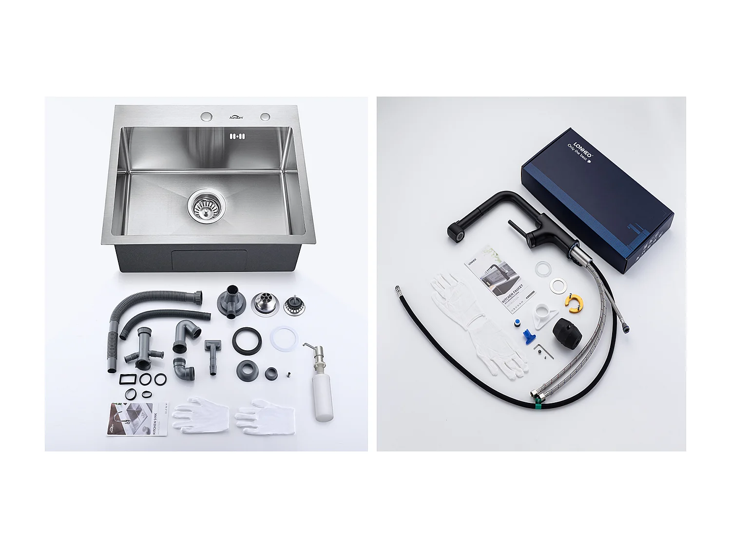 Aanrecht 1 Bak 55*45CM Inbouw- en Opbouwspoelbak met Zeepdispenser + Keukenkraan INox Uittrekbaar 360° Draaibaar