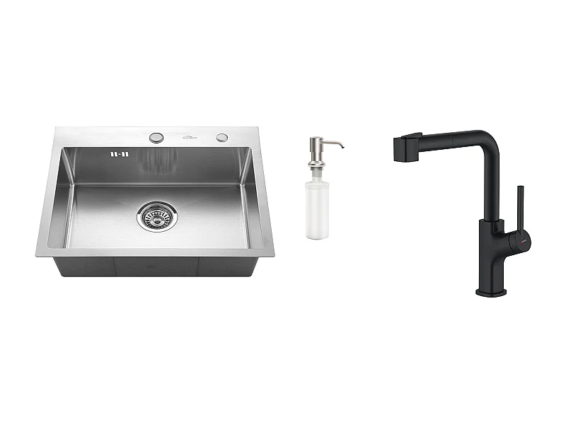 Aanrecht 1 Bak 55*45CM Inbouw- en Opbouwspoelbak met Zeepdispenser + Keukenkraan INox Uittrekbaar 360° Draaibaar