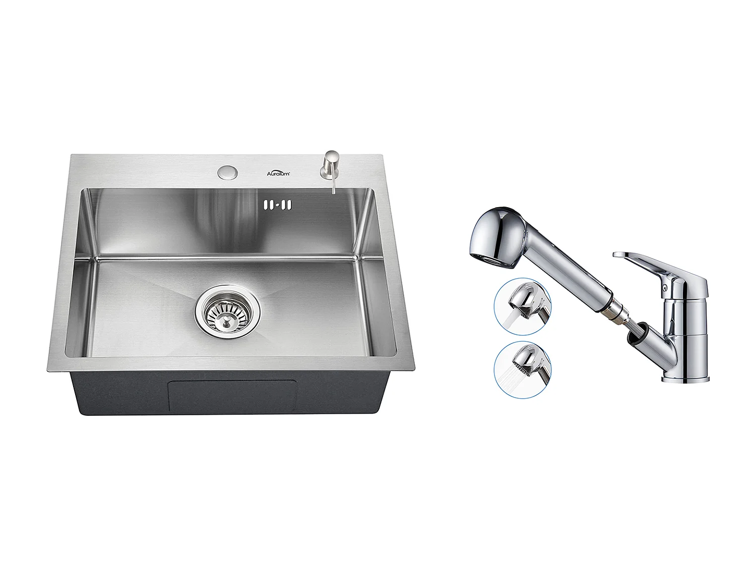 Aanrecht 1 Bak55*45CM, Inbouw en Opzetbaar met Zeepdispenser+Mengkraan Keuken met Uittrekbare Handdouche Chroom 360° Draaibaar,Chroom