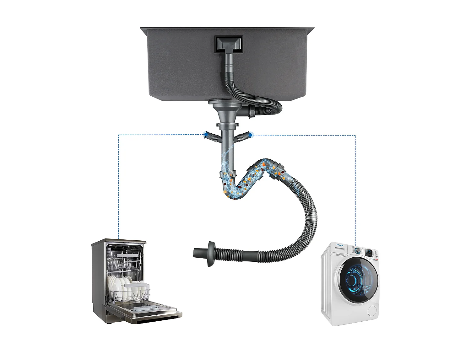 Küchenspüle aus Edelstahl, 1 Becken, 50 x 43 x 18 cm, mit Seifenspender + flexiblem Küchenhahn, frei schwenkbarem hohen Auslauf, Messing, Einzelloch, weiß