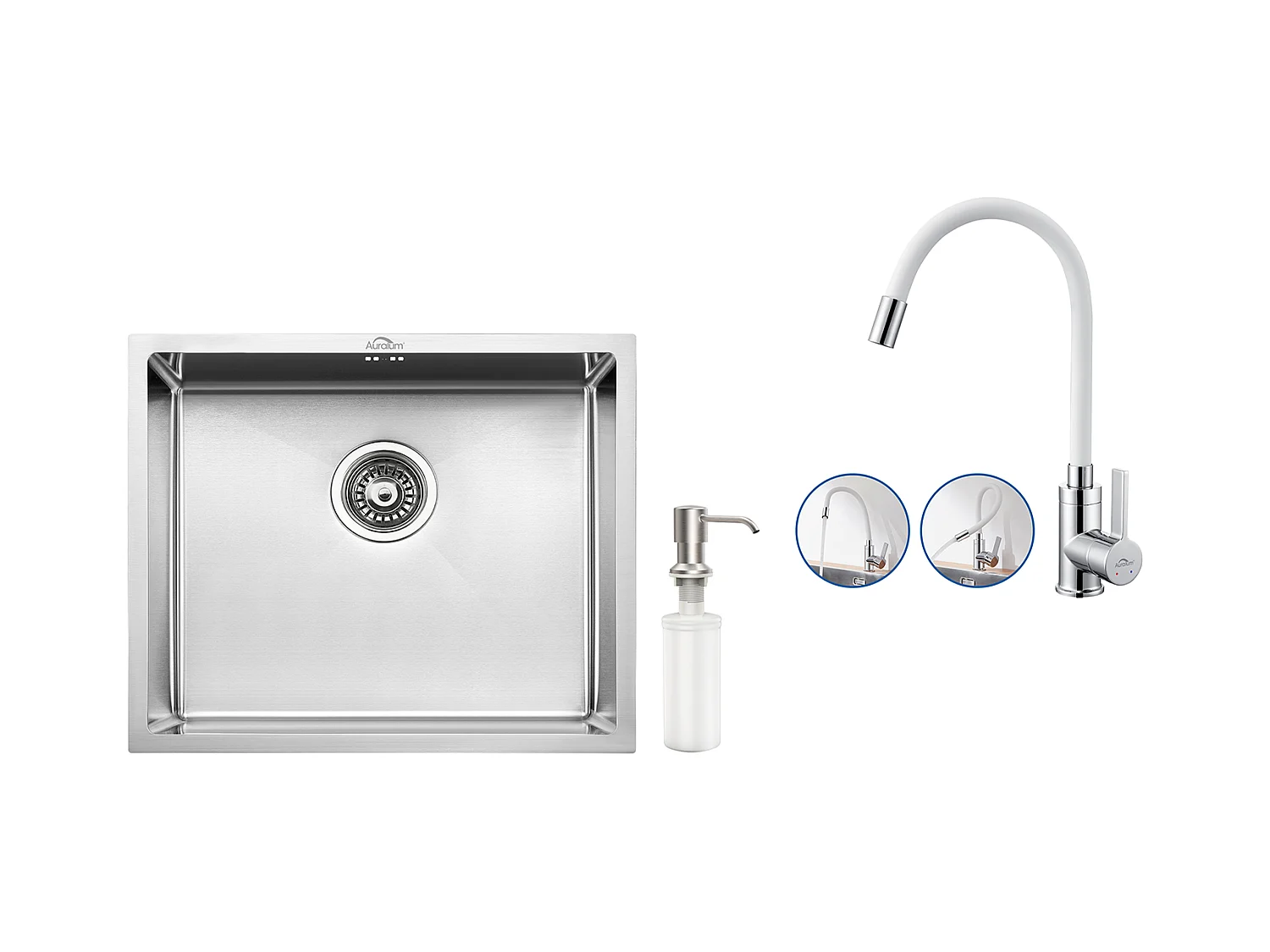 Évier Cuisine Inox 1 Bac 50*43*18CM avec Distributeur Savon+Robinet Cuisine Flexible Bec Haut Orientable Librement,en Laiton,Monotrou,Blanc