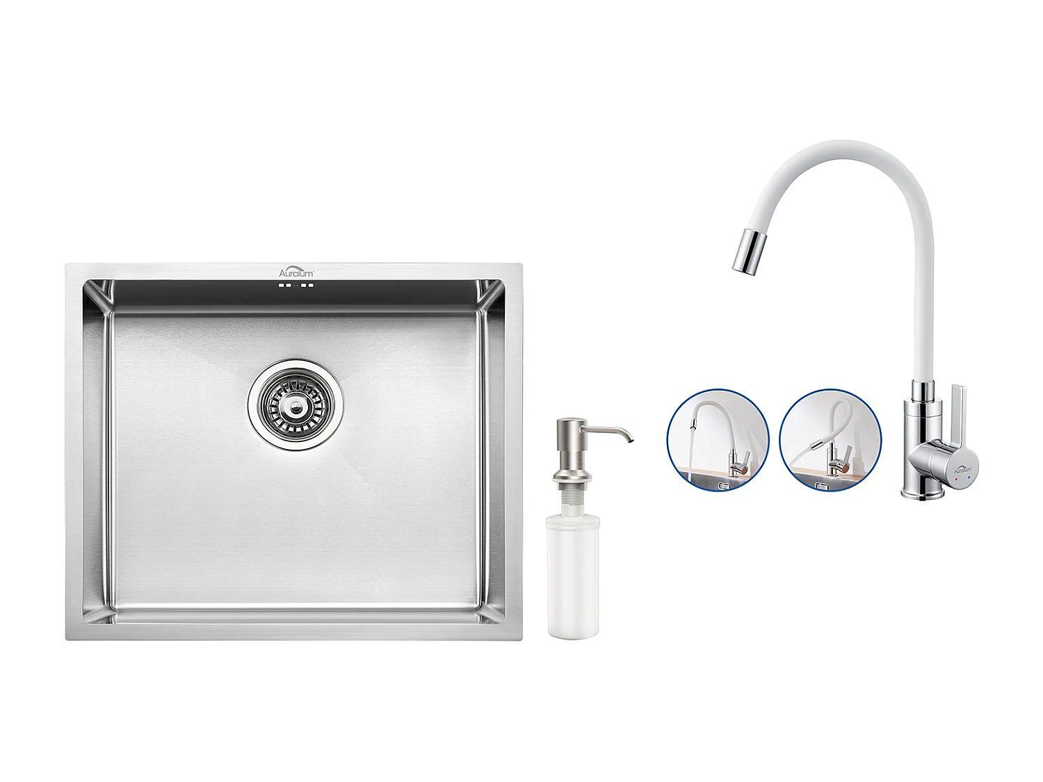 Évier Cuisine Inox 1 Bac 50*43*18CM avec Distributeur Savon+Robinet Cuisine Flexible Bec Haut Orientable Librement,en Laiton,Monotrou,Blanc