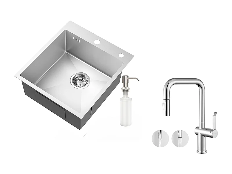 1-Behälter-Küchenspüle, silber, 44 x 49 x 20 cm, mit Seifenspender, Edelstahl + Küchenarmatur mit 360° drehbarer ausziehbarer Brause, 2 Funktionen, Chrom