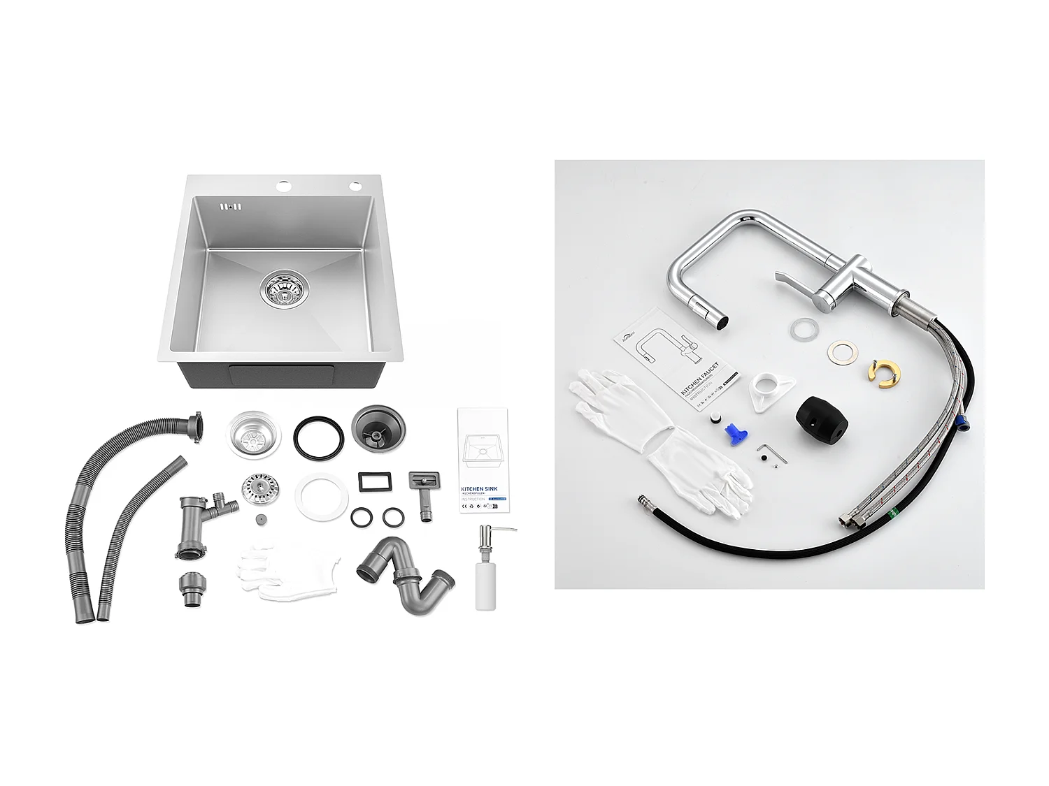 Évier Cuisine 1Bac Argent,44*49*20 CM,avec Distributeur Savon,Inox+Robinet Cuisine avec Douchette Extractible Rotatif 360 °2 Fonctions,Chromé