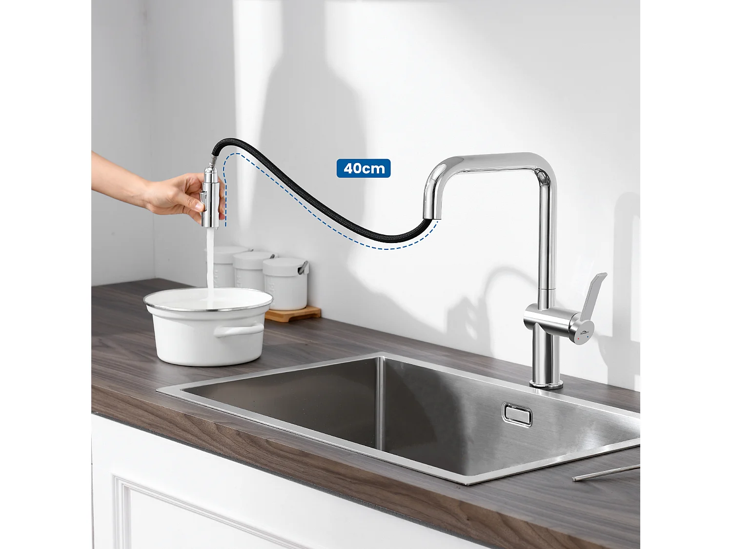 Évier Cuisine 1Bac Argent,44*49*20 CM,avec Distributeur Savon,Inox+Robinet Cuisine avec Douchette Extractible Rotatif 360 °2 Fonctions,Chromé